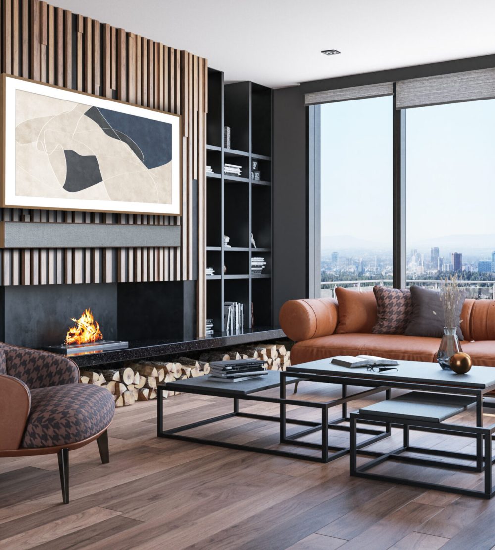 Living room loft in industrial style, 3d render